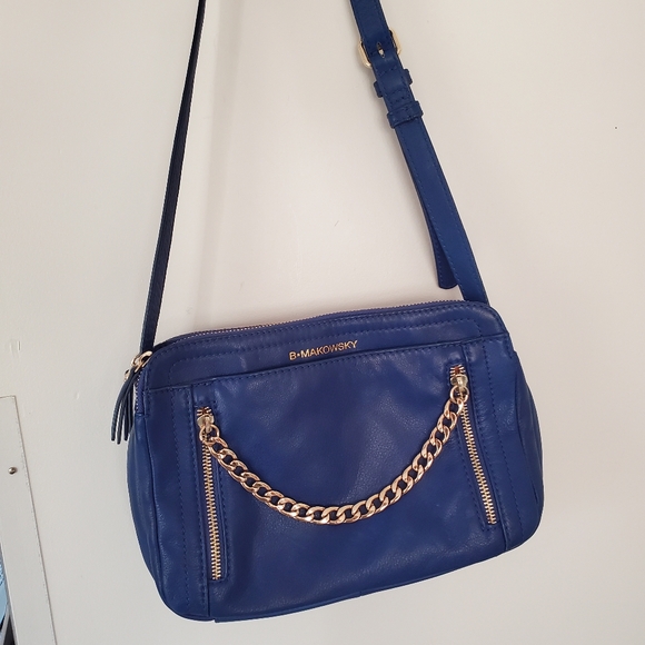 VTG B. MAKOWSKY Cobalt Blue Leather Shoulder Handbag Gold Zips Chain Accent EUC - Picture 2 of 16